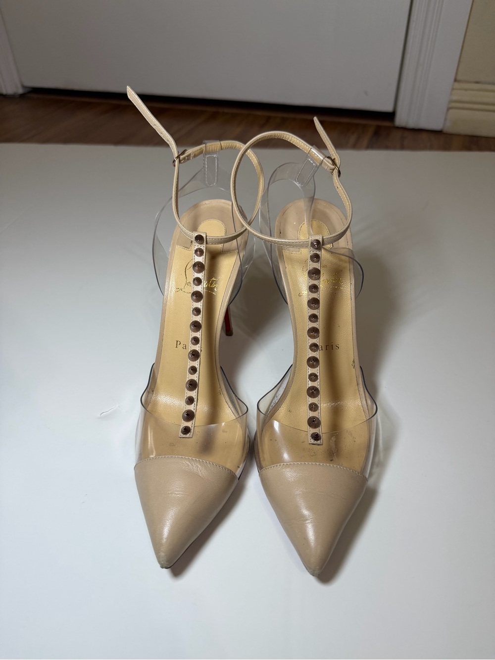 Christian Louboutin Beige Pointed-Toe T-Strap Pumps with Clear Sides (size 40)